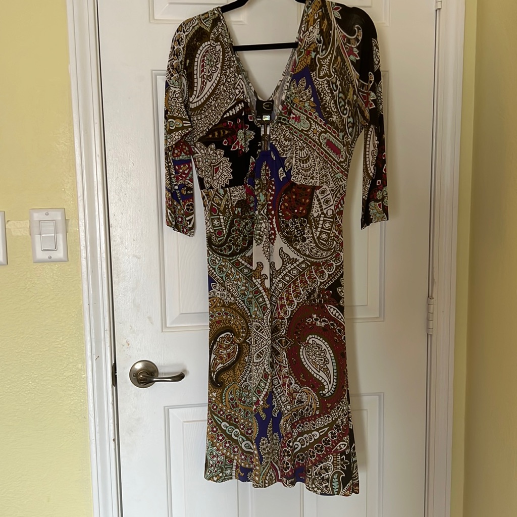 Just Cavalli Beige Brown Pink Blue Black Viscose Blend Paisley 3/4 Sleeve Dress